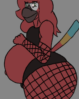 anthro avian beak belly big_belly big_butt bird butt clothed clothing fishnet fishnet_legwear hair huge_butt legwear looking_at_viewer looking_back male mandarin_(sbeve_wagon) parrot pregnant pregnant_male sbeve_wagon simple_background slutty_clothing smile solo thick_thighs true_parrot