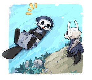 2_horns ambiguous_gender biped black_eyes black_nose cloak clothed clothing duo empty_eyes fur horn looking_at_another melee_weapon nail_(weapon) on_ack open_mouth open_smile outside partially_submerged paws smile standing tail water weapon weapon_on_back aaasakawa hollow_knight_(franchise) nintendo pokemon team_cherry quirrel_(hollow_knight) the_knight_(hollow_knight) cubone generation_1_pokemon mammal mustelid otter pokemon_(species) 2026 crossover hi_res