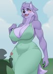 ambiguous_gender anthro big_breasts breasts cleavage clothed clothing dress duo female flower form_fitting fully_clothed fur green_clothing green_dress hair huge_breasts larger_female nipple_outline plant purple_body purple_fur purple_hair size_difference tall tight_clothing dfaop lucy_(cooliehigh) canid canine canis mammal wolf hi_res