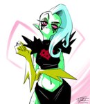 bottomwear breasts clothed clothing eyebrows eyelashes female fingers freckles gloves green_body green_skin hair handwear humanoid_pointy_ears long_hair midriff navel noseless not_furry pink_sclera pointy_ears solo topwear hardtones disney wander_over_yonder lord_dominator humanoid 2016 half-length_portrait hi_res portrait signature