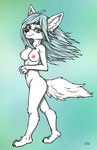 3_toes 4_fingers anthro blue_eyes blue_hair breasts crown feet female fingers fur hair headgear solo tiara toes white_body white_fur ziegelzeig bad_guy_cafe ice_ravdottir_(firefox) arctic_fox canid canine fox mammal true_fox hi_res