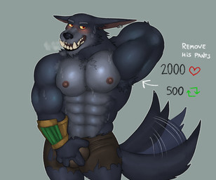 abs afterimage anthro areola barazoku big_muscles big_pecs biped blush bodily_fluids bottomwear breath brown_bottomwear brown_clothing brown_shorts bulge bulge_grab clothing directional_arrow ear_piercing ear_ring fingers front_view fur grey_background grey_body grey_fur hand_behind_back hand_on_bulge heart_symbol huge_pecs humanoid_hands interaction_drive like_goal looking_at_viewer male muscular muscular_anthro muscular_arms muscular_legs muscular_male nipples open_mouth pecs piercing red_eyes retweet_goal ring_piercing shirtless_anthro shirtless_male shorts simple_background solo standing sweat sweatdrop tail tail_motion tailwag text yellow_sclera fleshformomo league_of_legends mythology riot_games tencent warwick_(lol) canid canine mammal mythological_canine mythological_creature werecanid werecanine werecreature werewolf 2022 colored english_text half-length_portrait hi_res portrait shaded