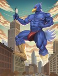2022 abs absurd_res anthro areola avian beak biceps big_muscles bird blue_body blue_feathers building building_destruction bulge car city clothing destruction evening falco_lombardi feathers feet foot_on_object genital_outline genitals group hi_res large_group looming looming_foot macro male muscular muscular_anthro muscular_male nintendo nipples non-mammal_nipples pecs plant purpledragonrei quads rampage red_clothing red_underwear solo_focus speedo star_fox stomping swimwear togepi1125 tree underwear vehicle worship