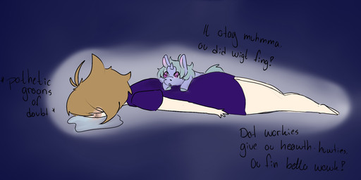 ambiguous_feral ambiguous_gender ambiguous_human black_text blush bodily_fluids brown_hair clothing comforting comforting_another crying depression dialogue dress duo feral green_hair green_hooves green_tail hair hooves human_focus light_body light_skin lying on_front pink_inner_ear purple_body purple_clothing purple_dress purple_eyes sad side_view tail tears text young young_ambiguous young_feral lemoncurds fluffy_pony fluffy_pony_(species) human mammal 2021 digital_media_(artwork) english_description english_text hi_res