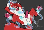 anthro disembodied_hand ear_piercing erection fingering ghost_hand grey_background male pawpads paws piercing red_body simple_background solo tongue tongue_out kolpom frexy_(character) signature