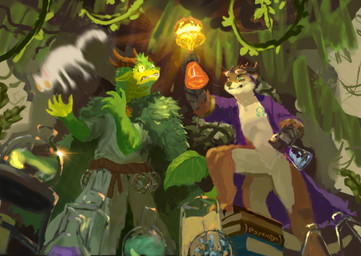 anthro book chemistry clothing duo explosion eyewear fantasy forest fur glasses green_body green_fur green_scales horn jungle male plant poison purple_clothing scales scared scientific_experiment tree paran0ya mythology domestic_cat dragon felid feline felis mammal mustelid mythological_creature mythological_scalie otter scalie hi_res