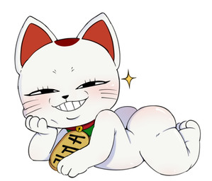 anthro butt female gold_(metal) grin looking_at_viewer pose shortstack shortstack_female smile solo text white_body moistkin dandadan maneki-neko turbo_granny_(dandadan) animate_inanimate domestic_cat felid feline felis mammal absurd_res hi_res japanese_text pinup