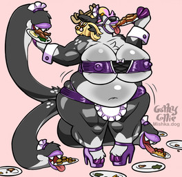 anthro antlers bell belly big_belly big_breasts bimbofication blonde_hair bottomwear breasts burger chicken_meat clothing ear_piercing ear_ring eating eating_food female food fur glistening glistening_belly glistening_body glistening_breasts grey_body grey_fur hair horn huge_belly huge_breasts hypnosis latex latex_bottomwear latex_clothing latex_topwear lips lipstick living_tail maid_uniform makeup meat mind_control multi_tail nipple_outline overweight overweight_anthro overweight_female pasta piercing pink_hair_tips ring_piercing ringed_eyes solo spaghetti tail tail_mouth thick_lips tight_clothing topwear uniform unusual_anatomy unusual_tail gothycollie mishka_(gothycollie) deer mammal new_world_deer reindeer hi_res
