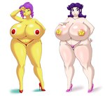 anthro areola big_breasts biped breasts caucasian clothed clothing duo eyelashes female footwear genitals hair high_heels huge_breasts panties pasties pubes pupils purple_hair pussy pussy_floss shoes simple_background thick_thighs underwear white_background yellow_body deadpliss mewpan mario_bros nintendo human koopa mammal scalie 2024 absurd_res artist_collaboration hi_res