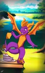 anthro blush cake cloud dessert food forest forest_background happy lagoon male nature nature_background pawpads paws plant smile solo tail tree young young_anthro suchaeliot activision mythology spyro_the_dragon spyro dragon mythological_creature mythological_scalie scalie absurd_res hi_res