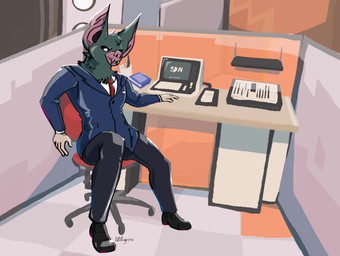anthro blue_clothing blue_suit chair clothing computer cubicle desk electronics formal_clothing furniture male office office_chair solo suit suit_and_tie table wiprogress dispatch sonar_(dispatch) bat mammal werebat werecreature hi_res