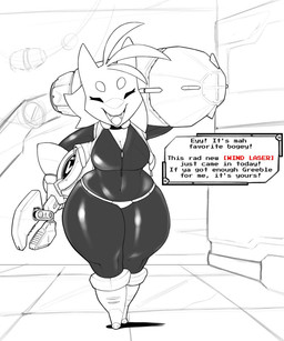 anthro boots breasts cleavage clothed clothing dialogue eyes_closed female footwear huge_hips huge_thighs latex open_mouth science_fiction shoes shortstack simple_background skinsuit smile solo speech_bubble standing technology text thick_thighs tight_clothing tools weapon weapon_on_shoulder wide_hips wrench conditional_dnp daserfomalhaut canid canine fox mammal 5:6 english_text hi_res