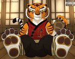 4_toes anthro barefoot claws clothed clothing feet female foot_focus fur orange_body orange_eyes orange_fur pawpads soles solo striped_body stripes toes yellow_sclera rottenheart10 dreamworks kung_fu_panda master_tigress felid mammal pantherine tiger hi_res