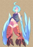 2021 absurd_res ahoge avian blue_body blue_feathers blue_hair blush bottomwear breasts closed_smile clothed clothing european_mythology eyebrow_through_hair eyebrows feathered_wings feathers feet female greek_mythology hair harpy hi_res hinekure7 hotpants humanoid monster_girl_(genre) monster_musume mouth_closed mythological_avian mythological_creature mythology navel papi_(monster_musume) pattern_background scuted_legs scutes shirt shorts simple_background smile solo talons tan_bottomwear tan_clothing tank_top text toes topwear translucent translucent_hair wings yellow_eyes