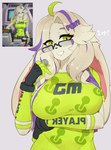 accessory ahoge anthro arm_under_breasts big_breasts blush breasts clothing coin collarbone cuff_(restraint) eyewear female fingerless_gloves glasses gloves green_clothing green_eyes green_shirt green_topwear hair hair_accessory hairclip handwear highlights_(coloring) jacket kemono looking_at_viewer markings mole_(marking) purple_clothing purple_jacket purple_topwear reference_image restraints shirt simple_background smile smiling_at_viewer solo text topwear white_body wrist_cuffs buta99 mihoyo zenless_zone_zero asha_(zenless_zone_zero) lagomorph leporid mammal rabbit 2024 absurd_res english_text hi_res