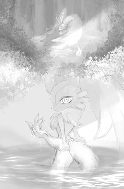 2_horns ambiguous_gender anthro biped chest_tuft eyes_closed forest forest_background head_wings horn huge_wings lake looking_at_viewer looking_back looking_back_at_viewer markings mouthless nature nature_background neck_tuft nude nude_anthro outside partially_submerged plant skinny_dipping solo tail tree tuft unusual_wing_placement wings gemini_kirby kirby_(series) nintendo fecto_elfilis alien chinchilla chinchillid mammal rodent starling_(kirby) absurd_res black_and_white comic digital_drawing_(artwork) digital_media_(artwork) digital_painting_(artwork) hi_res monochrome painting_(artwork)
