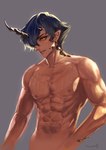 abs blue_hair bodily_fluids grey_background hair horn humanoid_pointy_ears looking_at_viewer male muscular muscular_humanoid muscular_male not_furry nude short_hair simple_background solo sweat wanko_(realsight) arknights hypergryph studio_montagne flamebringer_(arknights) horned_humanoid humanoid 2020 hi_res