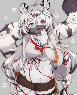 5_fingers accessory ahoge anthro belly belly_overhang big_belly big_breasts big_tail biped black_body black_ears black_fur black_hair black_stripes black_tail black_tail_tip bottomwear bracelet breasts brown_bottomwear brown_clothing brown_shorts clothed clothed_anthro clothed_female clothing dipstick_tail ear_piercing ear_ring eyelashes female female_anthro fingers flower fluffy fluffy_tail front_view fully_clothed fully_clothed_anthro fully_clothed_female fur grey_background hair hair_accessory hotpants humanoid_hands jewelry kemono legband long_hair long_tail looking_at_viewer markings minishorts multicolored_body multicolored_ears multicolored_fur multicolored_hair multicolored_tail navel necklace open_:3 open_mouth open_smile piercing pink_eyes pink_nose pink_pupils plant pupils ring_piercing shirt shorts simple_background slightly_chubby slightly_chubby_anthro slightly_chubby_female smile solo standing striped_body striped_fur striped_markings striped_tail stripes tail tail_markings thick_thighs thighband thong_straps tied_shirt topwear two_tone_body two_tone_ears two_tone_fur two_tone_hair two_tone_tail veil white_body white_clothing white_ears white_fur white_hair white_inner_ear white_shirt white_tail white_topwear wide_hips mokumokuuma mahjong_soul hannah_(mahjong_soul) felid mammal pantherine tiger 2023 colored digital_media_(artwork) hi_res portrait shaded three-quarter_portrait