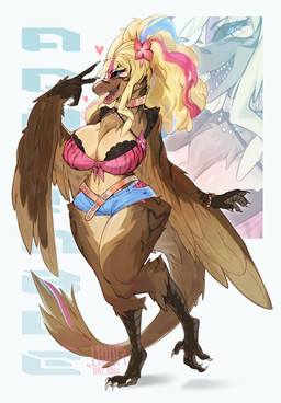 alternative_fashion anthro big_breasts blonde_hair bottomwear bra breasts brown_body brown_feathers claws clothed clothing daisy_dukes denim denim_bottomwear denim_clothing denim_shorts digitigrade eyelashes feathers female gyaru hair hotpants huge_breasts j-fashion lips lipstick long_tail looking_at_viewer makeup navel non-mammal_breasts non-mammal_navel pink_lips pink_lipstick sharp_teeth shirt shorts skimpy smile solo tail teeth thick_thighs tied_shirt toe_claws topwear underwear wide_hips winged_arms wings chlorart dinosaur dromaeosaurid feathered_dinosaur feathered_scalie prehistoric_species reptile saurischian scalie theropod absurd_res hi_res