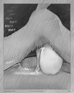 anthro ass_up balls big_balls bodily_fluids border cum cum_inflated_balls cum_inflation cum_inside duo gaping gaping_urethra genital_fluids genitals huge_balls inflation male male/male penis sound_effects text urethra sharkinthepark 2026 4:5 absurd_res comic english_text greyscale hi_res monochrome