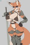 anthro arm_armor armor bikini_armor biped blue_eyes blush breasts cleavage clothed clothing curvy_figure ear_piercing ear_ring female female_anthro fur hand_on_hip hourglass_figure leg_armor looking_at_viewer melee_weapon orange_body orange_fur piercing ring_piercing shoulder_armor skimpy small_waist solo sword tail thick_thighs unconvincing_armor weapon wide_hips cooliehigh ginger_(cooliehigh) canid canine fox mammal hi_res