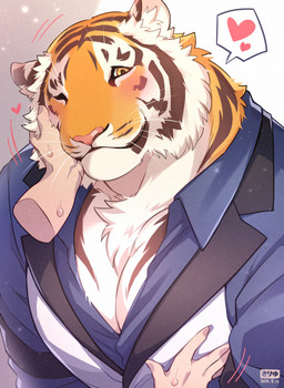 ambiguous_gender anthro big_muscles big_pecs black_body black_fur blush blush_lines bodily_fluids breasts cheek_tuft cleavage clothed clothed_anthro clothed_male clothing collared_shirt disembodied_hand dress_shirt duo facial_tuft fur grope hand_on_cheek hand_on_chest hand_on_pec heart_symbol male male/ambiguous male_anthro male_cleavage multicolored_body multicolored_fur muscular one_eye_closed orange_body orange_fur pec_cleavage pec_grab pecs petting shirt simple_background smile striped_body striped_fur stripes sweat sweatdrop topwear tuft vest whiskers white_background white_body white_fur giraffe_(artist) lam-chan felid mammal pantherine tiger hi_res