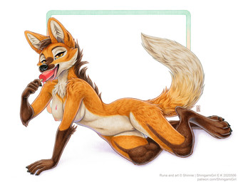 anthro areola biped bodily_fluids breasts claws countershade_torso countershading feet female fingers food front_view fur genitals hair looking_at_viewer navel nipples nude nude_anthro nude_female popsicle popsicle_in_mouth saliva smile solo tail teeth toes tongue vulva shinigamigirl runa_(shinigamigirl) canid canine mammal maned_wolf 2026 digital_drawing_(artwork) digital_media_(artwork)