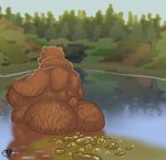 anthro bear big_butt brown_bear bubble butt casual_nudity day fart fart_bubbles fat_bear feces female half_submerged hi_res lake light mammal nude obese obese_anthro obese_female overweight overweight_anthro overweight_female partially_submerged plant pooping pooping_underwater scatplay scenery skunk_bunk small_tail solo standing_in_water sunlight tail tree ursine water