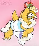 abstract_background anthro beard blonde_hair claws clean_diaper clothed clothing diaper duo facial_hair fur hair horn hug long_ears male male/male red_hair spikes wearing_diaper white_body white_fur zuago mario_bros nintendo undertale undertale_(series) asgore_dreemurr bowser boss_monster_(undertale) bovid caprine koopa mammal scalie