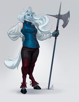 anthro axe battle_axe black_bottomwear black_clothing black_pants blue_clothing blue_eyes blue_topwear bottomwear clothed clothing female female_anthro fur hair hand_on_hip holding_axe holding_object horn legwear long_hair mouth_closed narrowed_eyes pants red_clothing red_legwear simple_background solo standing tail topwear white_body white_fur white_hair white_tail edvardiko mythology equid equine mammal mythological_creature mythological_equine unicorn absurd_res full-length_portrait hi_res portrait