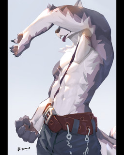 5_fingers abs anthro belt_buckle biped black_bottomwear black_claws black_clothing black_markings bottomwear brown_pawpads buckle chest_markings claws clothed clothed_anthro clothed_male clothing countershade_arms countershade_hands countershade_neck countershade_tail countershade_torso countershading finger_claws fingers front_view fur grey_background grey_body grey_fur male markings multicolored_body muscular muscular_male navel obscured_face open_mouth pawpads pecs purple_body purple_tongue raised_arm simple_background snout solo tail text tongue tongue_out topless topless_anthro topless_male white_body white_countershading white_fur kuromonsart canid mammal 2023 absurd_res artist_name colored dated digital_drawing_(artwork) digital_media_(artwork) english_text hi_res pillarbox portrait three-quarter_portrait