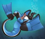 anthro balls black_body blue_body blue_eyes eyewear flippers genitals goggles male masturbation oxygen_tank penis solo tail underwater water white_body wings teaselbone mythology dragon mythological_creature mythological_scalie scalie 2024 hi_res