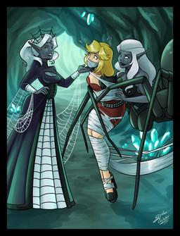 bdsm blazer bondage bound breasts cave cleavage clothed clothing dress female female/female gag gagged group humanoid_pointy_ears peril pointy_ears spider_web trio wrapped spiderweber dungeons_and_dragons hasbro wizards_of_the_coast arachnid arachnid_taur arthropod arthropod_taur drider drow elf human humanoid humanoid_taur mammal spider spider_taur taur absurd_res hi_res
