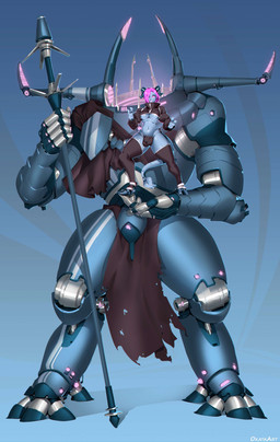 breasts bulge clothing crop_hoodie crop_top gynomorph horn intersex legwear machine mecha melee_weapon midriff_jacket polearm shirt size_difference solo standing_on_another tail thigh_highs thong topwear under_boob underwear weapon okata android horned_humanoid humanoid robot robot_humanoid absurd_res hi_res
