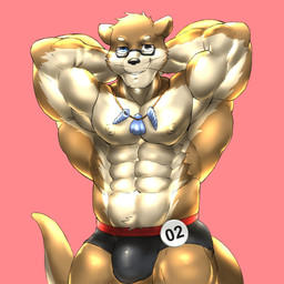 abs anthro barazoku blue_eyes bulge clothed clothing countershading detailed_bulge eyewear front_view fur genital_outline glasses grey_eyes hands_behind_head heterochromia jewelry male muscular muscular_anthro muscular_male necklace nipples pecs penis_outline pose rectangular_glasses red_background simple_background smile solo standing tail tan_body tan_fur tan_tail topless whiskers johnthelewd_art mammal mustelid otter 1:1 hi_res portrait three-quarter_portrait