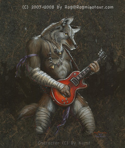anthro bandage electric_guitar guitar male musical_instrument playing_guitar playing_music plucked_string_instrument solo string_instrument rog_minotaur kurst canid canine canis coyote mammal 2007