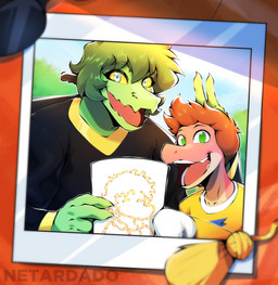 anthro brown_hair bunny_ears_(gesture) claws disability duo eyelashes female finger_claws food gesture green_body green_eyes green_hair green_scales grey_eyes hair looking_at_viewer macaroni male multicolored_body multicolored_scales open_mouth open_smile paraplegic pasta photo red_body red_scales scales short_hair smile snout tan_body tan_scales text two_tone_body two_tone_scales vehicle wheelchair yellow_sclera young young_anthro young_male netardado cavemanon_studios i_wani_hug_that_gator olivia_halford vincent_payne baryonyx dilophosaurid dilophosaurus dinosaur hybrid prehistoric_species reptile saurischian scalie spinosaurid spinosaurus theropod 2025 absurd_res artist_name digital_drawing_(artwork) digital_media_(artwork) hi_res watermark