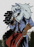 5_fingers abs anthro belt blue_body blue_fur bottomwear claws clothed clothing fingerless_gloves fingers fur gloves grey_eyes grey_hair hair handwear long_hair looking_aside looking_at_viewer male pants smile solo suspenders topless white_hair negy legendz wolfy_the_werewolf canid canine canis mammal wolf