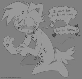 after_sex ambiguous_gender anthro blush bodily_fluids embarrassed kiss_mark kiss_marks_all_over lipstick makeup shocked shy solo sweat tail tail_motion tailwag text thought_bubble drunkydude bleh_(drunkydude) canid canine mammal english_text greyscale hi_res monochrome sketch url trans_(lore) trans_man_(lore)