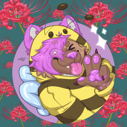 anthro bee_costume clothing female flower happy male markings one_eye_closed plant solo spider_lily_(lycoris) spots spotted_body tongue tongue_out wink naoto hyena mammal spotted_hyena 1:1 absurd_res hi_res