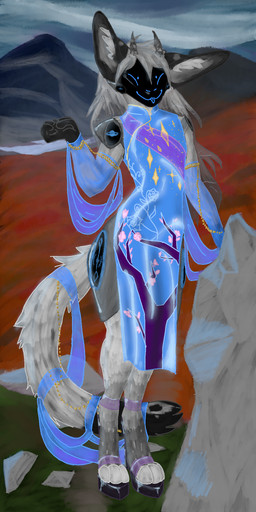 ambiguous_gender anthro blep blue_clothing chain clothing dress footwear gold_(metal) grey_body grey_hair hair high_heels horn inner_ear_fluff latex latex_clothing latex_dress long_hair machine platform_footwear platform_heels protogen_visor shoes silk solo tongue tongue_out translucent translucent_clothing tuft tundra evelyn_ivy protogen 1:2 hi_res