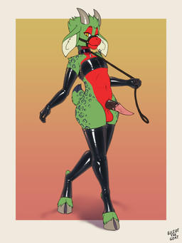 anthro bit_gag bovid_horn caprine_horn clothing collar erection fur furgonomic_piercing furgonomics gag genitals gloves goat_ears goat_horn goat_tail gradient_background green_body green_fur handwear holding_own_leash hooves horn latex latex_clothing latex_gloves latex_handwear latex_leggings latex_legwear latex_topwear leash leggings legwear leopard_spots male medial_ringed_tapering_penis multicolored_body muzzle_(object) muzzled penis piercing pupils red_body red_fur simple_background slit_pupils solo spots tapering_penis topwear tube_top two_tone_body yellow_eyes espressothegoat jaye_ventus bovid caprine goat mammal 3:4 hi_res
