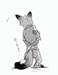 anthro bottomwear clothed clothing duo fully_clothed fur pants rear_view shirt standing text topwear kabe2mugi disney zootopia judy_hopps nick_wilde canid canine fox lagomorph leporid mammal rabbit red_fox true_fox hi_res japanese_text monochrome