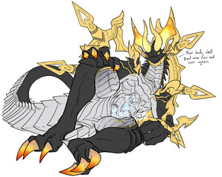 abdominal_bulge anthro belly bulge detailed_bulge digestion digestion_implied duo face_imprint fatal fatal_vore glowing grin hand_on_knee hand_on_leg implied_fatal imprint knee_up larger_pred lying male male_pred male_prey muffled on_side oral_vore predator/prey prey_imprint prey_outline reformation scales size_difference smile smirk soft_vore spread_legs spreading squirming stretchy_belly struggling struggling_prey teasing text tight_belly tight_bulges vore conditional_dnp samagthrav2 cygames dragalia_lost mythology nintendo chronos_(dragalia_lost) derlik dragon mythological_creature mythological_scalie scalie 5:4 absurd_res english_text hi_res