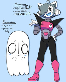 :3 ahoge anthro blue_mouth boots clothing cute_fangs fangs female footwear gloves grey_hair hair hair_over_eye handwear machine multi_ear one_eye_obstructed open_mouth open_smile shoes smile teeth text cocothemunchkin undertale undertale_(series) mettaton mettaton_ex napstablook temmie_(undertale) canid canine felid feline ghost humanoid mammal robot robot_humanoid spirit tem english_text hi_res