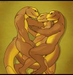 anthro brown_eyes digitigrade earhole eyes_closed female group group_sex hug licking male male/female multicolored_body multicolored_skin nude paws sandwiched sex simple_background threesome tongue tongue_out trio two_tone_body two_tone_skin yellow_background amit amphibian newt salamander scalie 2015