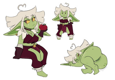 ahoge apple brown_clothing clothing female food fruit genitals hair long_ears multiple_poses nude one_eye_closed plant pose solo vulva white_hair glowyskull goblin humanoid 2022 digital_drawing_(artwork) digital_media_(artwork)