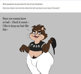 anthro big_butt black_clothing black_crop_top black_hat black_headwear black_shirt black_topwear bottomwear brown_body brown_ears brown_fur brown_hair butt clothing crop_top dialogue fangs fur green_eyes hair hat headgear headwear heterochromia holding_clothing holding_hat holding_headgear holding_headwear holding_object leggings legwear looking_at_viewer male multicolored_body multicolored_clothing multicolored_crop_top multicolored_fur multicolored_shirt multicolored_topwear pink_nose q&a question question_mark red_eyes sharp_teeth shirt solo standing teeth text text_on_clothing text_on_crop_top text_on_topwear thick_thighs three-quarter_view tongue topwear two_tone_body two_tone_clothing two_tone_crop_top two_tone_fur two_tone_shirt two_tone_topwear whiskers white_bottomwear white_clothing white_crop_top white_leggings white_legwear white_topwear colossalstars skylar_lows_(colossalstars) domestic_cat felid feline felis mammal 2025 digital_media_(artwork) english_text hi_res