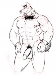 anthro balls bow_(feature) bow_tie canid canine canis chippendales collar facial_hair flaccid genitals male mammal muscular muscular_anthro muscular_male nipples penis poop_(artist) shirt_cuffs smile solo wolf