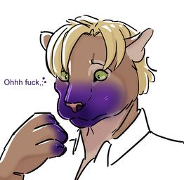 anthro blue_snout blueberry_inflation changing_color imminent_blueberry imminent_inflation inflation looking_at_self male shocked simple_background simple_coloring solo surprised white_background conditional_dnp humgeronimo mercutio_(humgeronimo) cougar felid feline mammal absurd_res headshot_portrait hi_res portrait